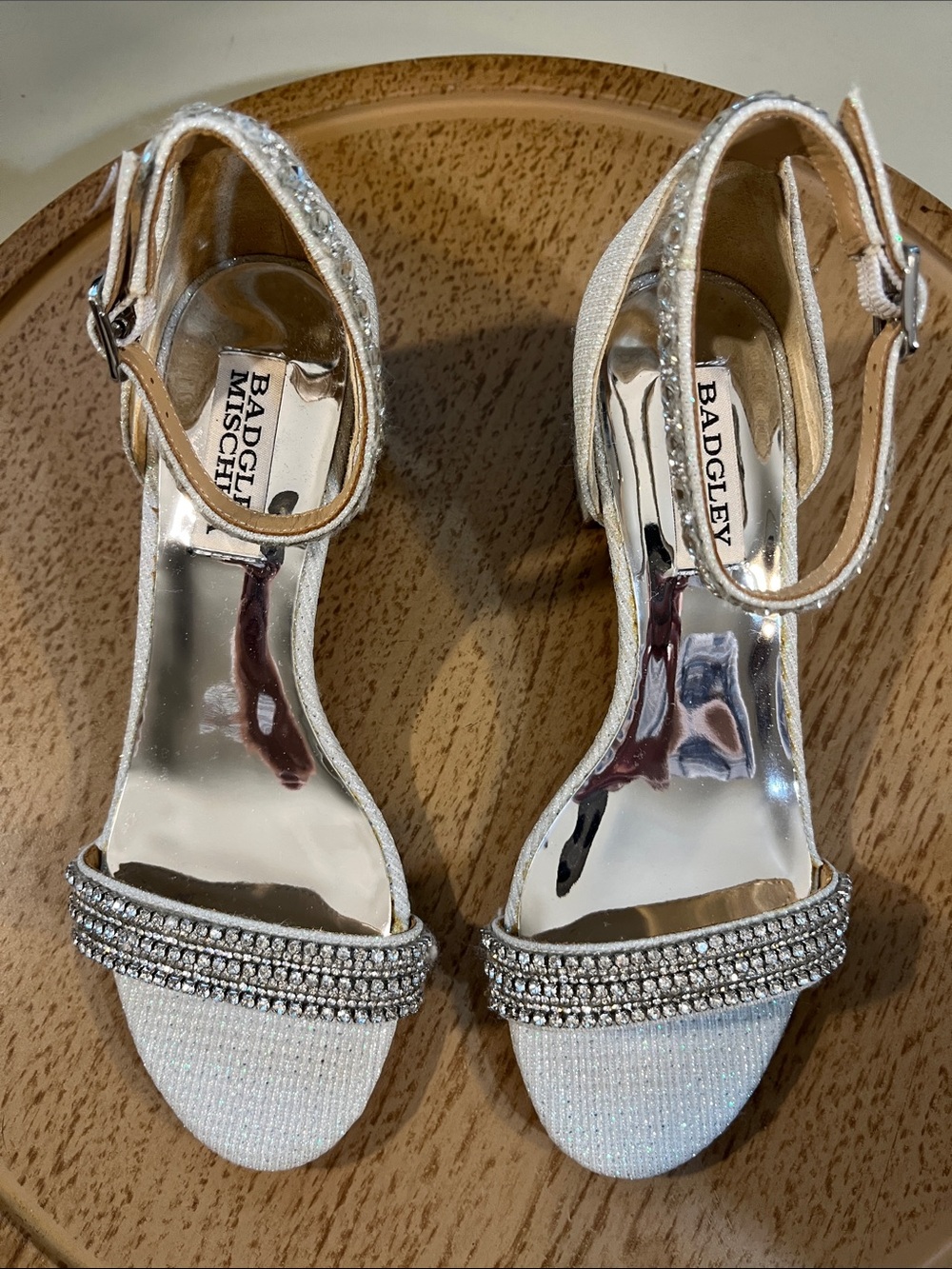 Badgley Mischka Silver Crystal-Trim Ankle-Strap Heels